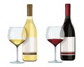 A bottle of red and white wine and two filled glasses. Royalty Free Stock Photo